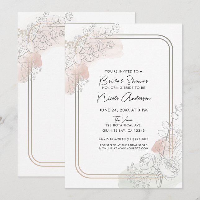 Invitación Botanical Outline Sage Blush Floral Bridal Shower (Anverso / Reverso)