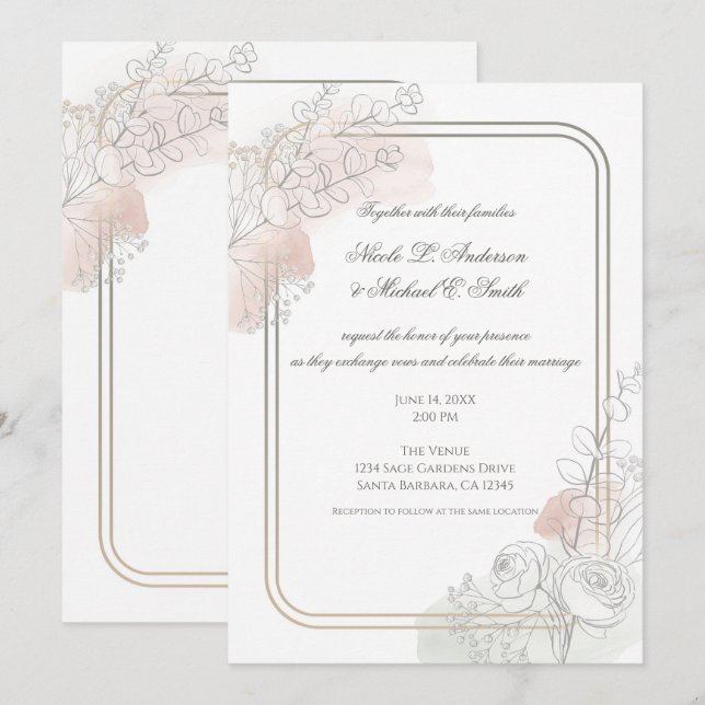 Invitación Botanical Outline Sage & Blush Floral Wedding  (Anverso / Reverso)