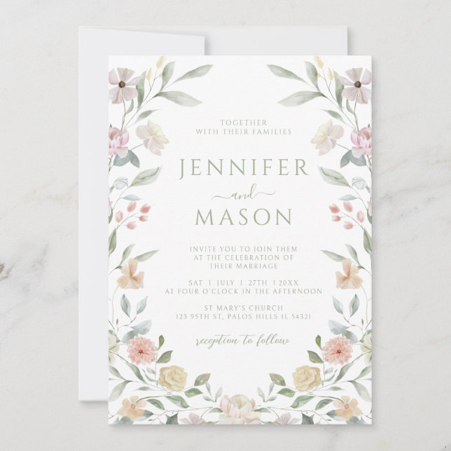 Invitación Botanical Pastel Flower Wreath Wedding Invitation (Anverso)