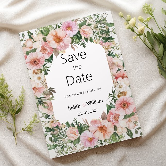 Invitación Botanical pink blossom summer floral Save the Date (Botanical pink blossom summer floral Save the Date )