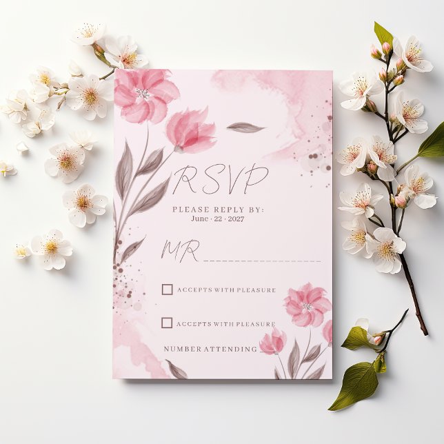 Invitación Botanical pink brown watercolor floral RSVP  (Botanical pink brown watercolor floral RSVP)