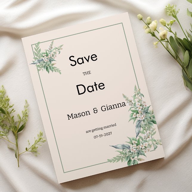 Invitación Botanical pink mint ivory floral Save the Date (Botanical pink mint ivory floral Save the Date)
