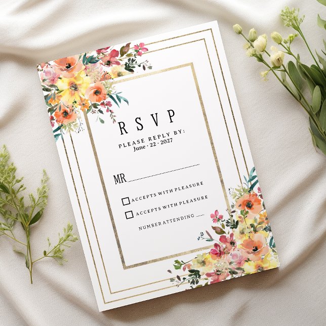 Invitación Botanical pink orange gold floral country RSVP (Botanical pink orange gold floral country RSVP)