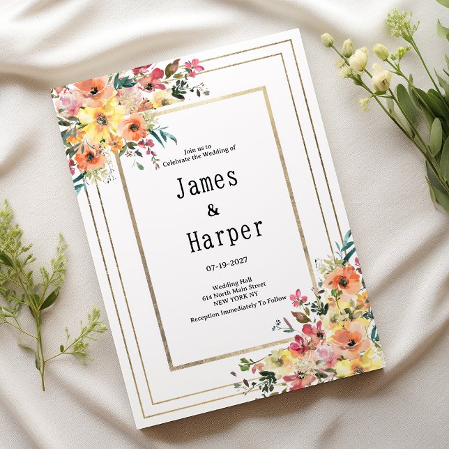 Invitación Botanical pink orange gold floral country Wedding  (Botanical pink orange gold floral country Wedding )