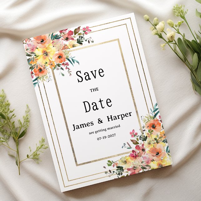 Invitación Botanical pink orange gold floral Save the Date (Botanical pink orange gold floral Save the Date)