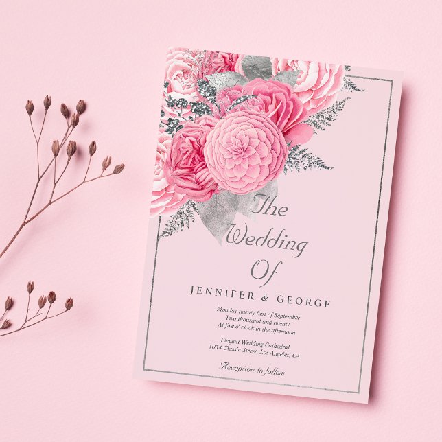 Invitación Botanical silver glitter pink floral wedding  (Botanical silver glitter pink floral wedding)