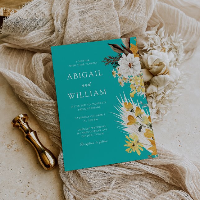 Invitación Botanical Sunshine Garden Florals Teal Wedding (Subido por el creador)
