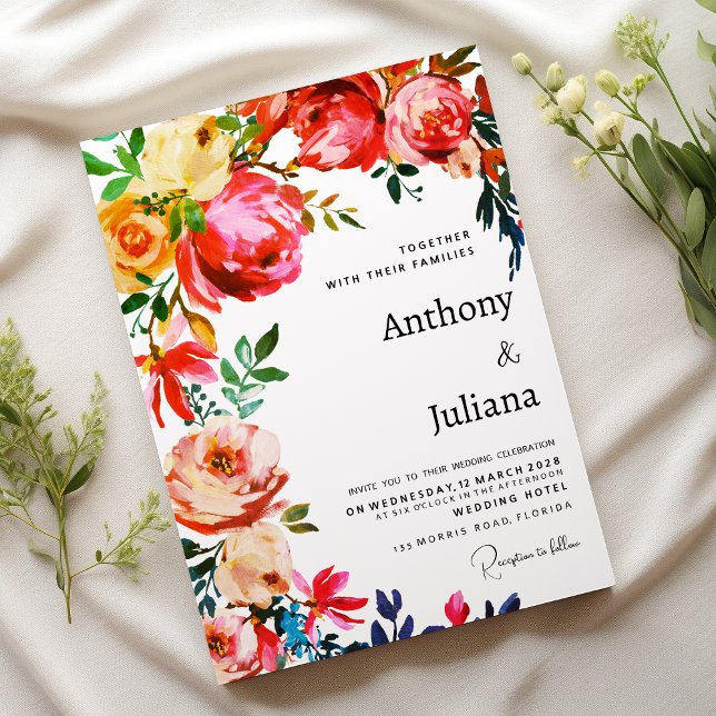 Invitación Botanical watercolor colorful floral Wedding  (Botanical watercolor colorful floral Wedding )