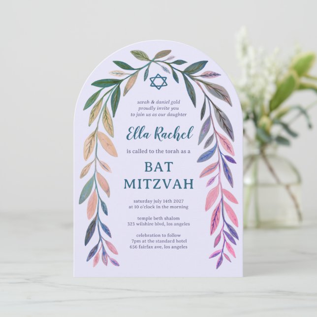 Invitación Botanical Watercolor CUSTOM Bar Bat Mitzvah Arch (Anverso de pie)