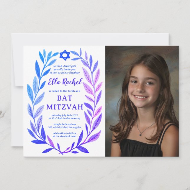 Invitación Botanical Watercolor CUSTOM PHOTO Bat Bar Mitzvah (Anverso)