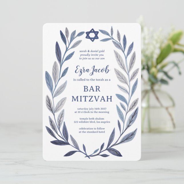 Invitación Botanical Watercolor Star of David Bar Bat Mitzvah (Anverso de pie)
