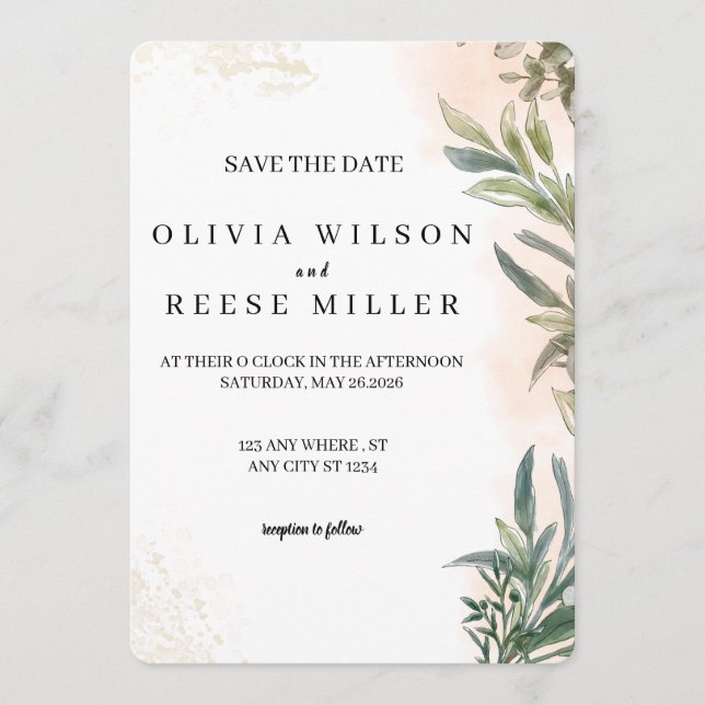 Invitación Botanical Watercolor Wedding Save the Date (Anverso)