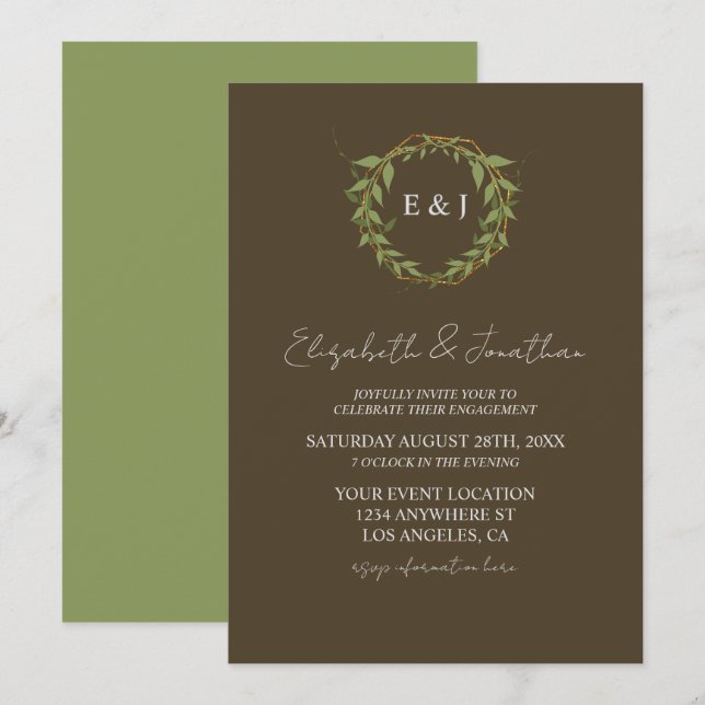 Invitación Botanical Wreath Earth Tone Engagement Party (Anverso / Reverso)