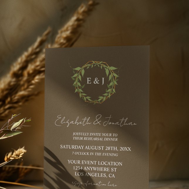 Invitación Botanical Wreath Earth Tone Rehearsal Dinner (Subido por el creador)