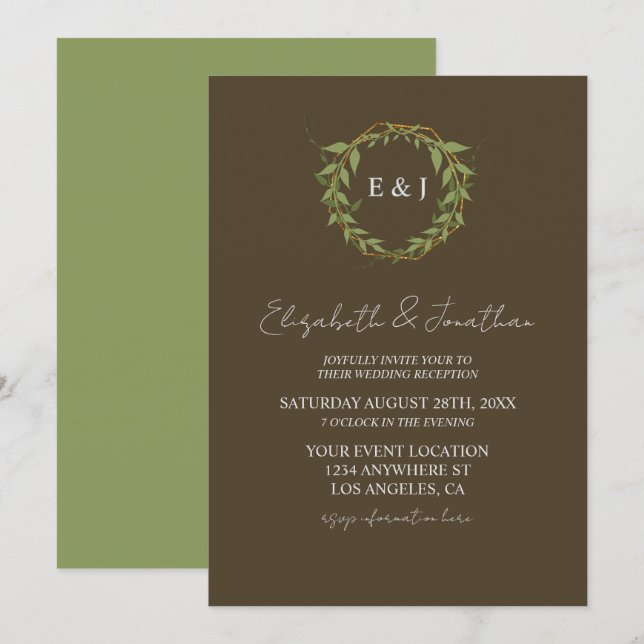 Invitación Botanical Wreath Earth Tone Wedding Reception (Anverso / Reverso)