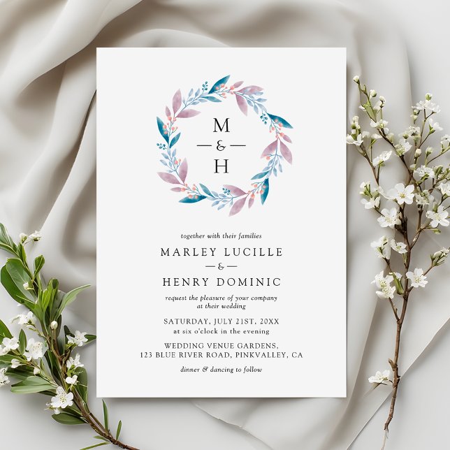 Invitación Botanical Wreath Monogram Spring Garden Wedding (Subido por el creador)