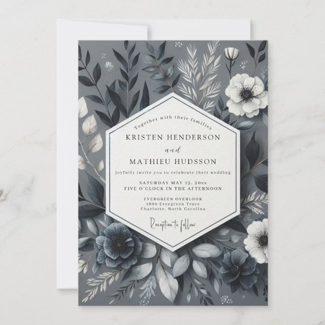 Invitación Botánicas Nocturnas Gris Pizarra para Bodas (Anverso)