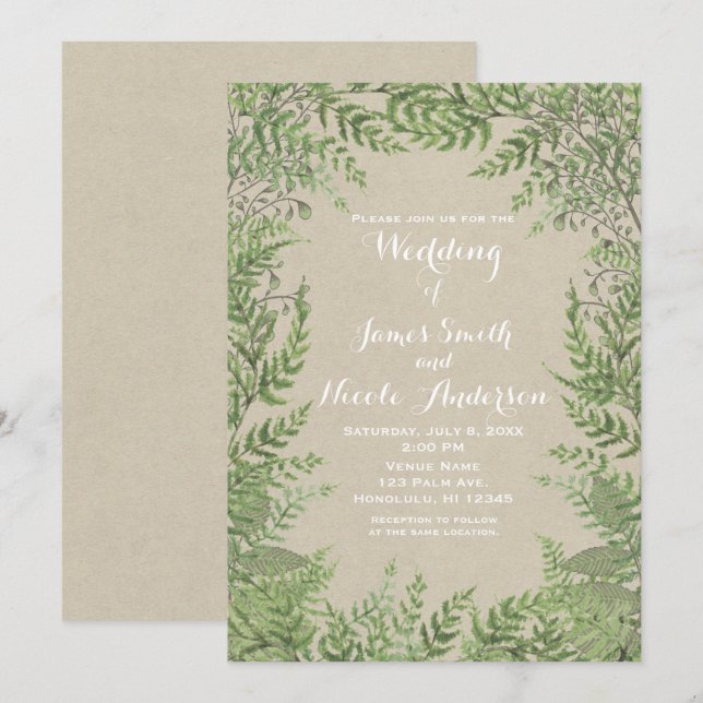 Invitación Botánicas Rústicas Hojas de Madera Kraft Boda (Anverso / Reverso)