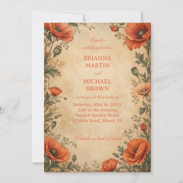 Invitación Botánico Amapola Vintage (Anverso)