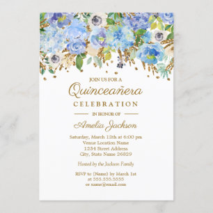 Invitación Botánico Azul Dorado Floral Quinceañera