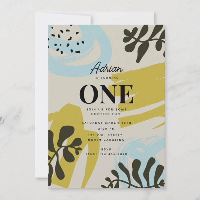 Invitación Botánico Bohemi Pastel Verde Azul Cumpleaños 1 (Anverso)