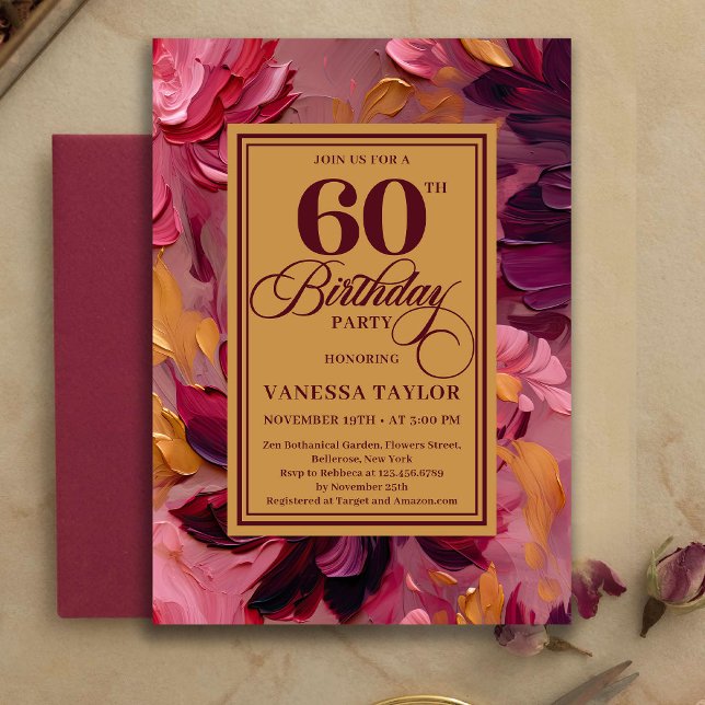 Invitación Botánico Boho 60 cumpleaños Borgoña Floral Dorado (Botanical 60th Birthday Burgundy Floral Gold Invitation)