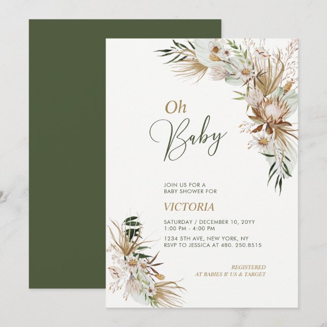 Invitación Botánico Boho Verde y Oro Oh Baby Shower (Anverso / Reverso)