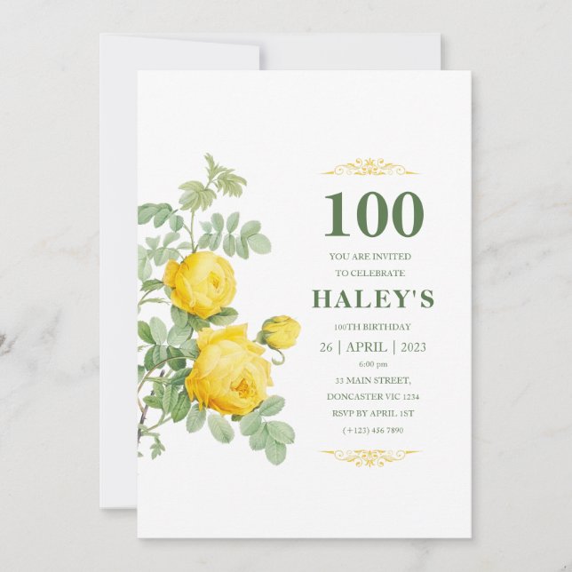 Invitación Botánico Chic Amarillo Verde Floral 100 Cumpleaños (Anverso)