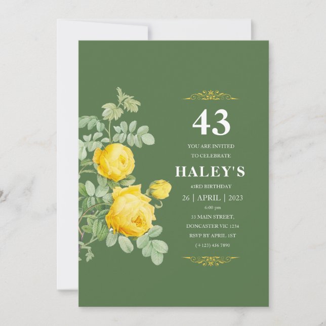 Invitación Botánico Chic Amarillo y Verde Floral 43 Cumpleaño (Anverso)