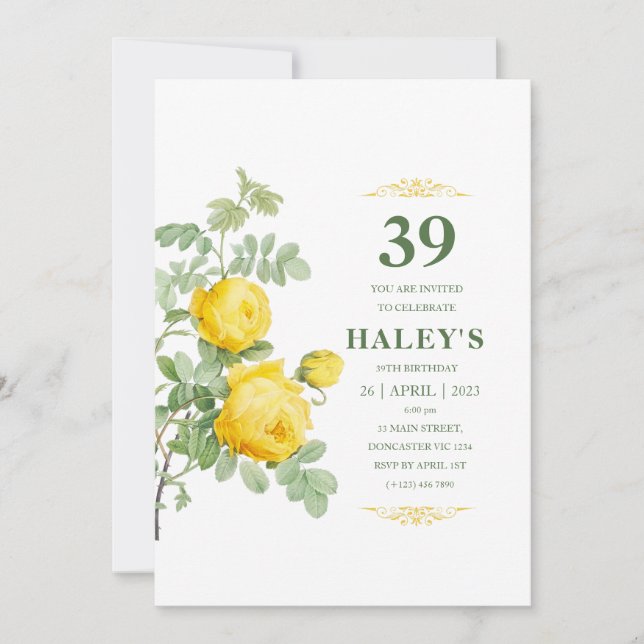 Invitación Botánico Chic Amarillo y Verde Floral Cumpleaños 3 (Anverso)