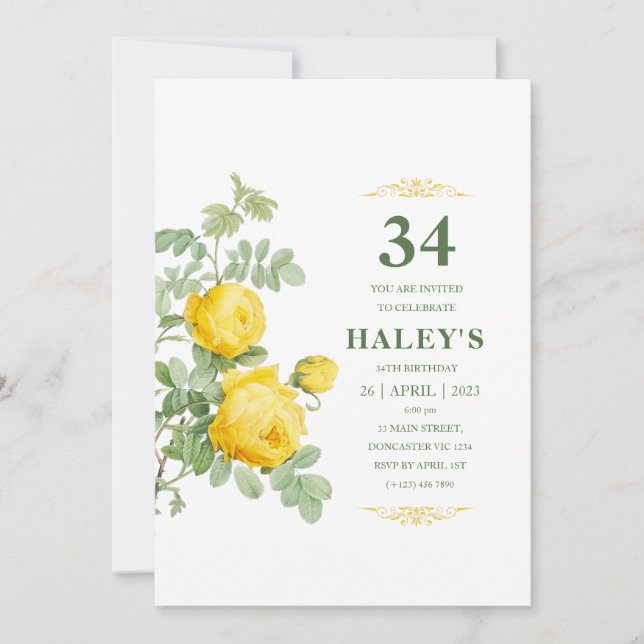 Invitación Botánico Chic Amarillo y Verde Floral Cumpleaños 3 (Anverso)