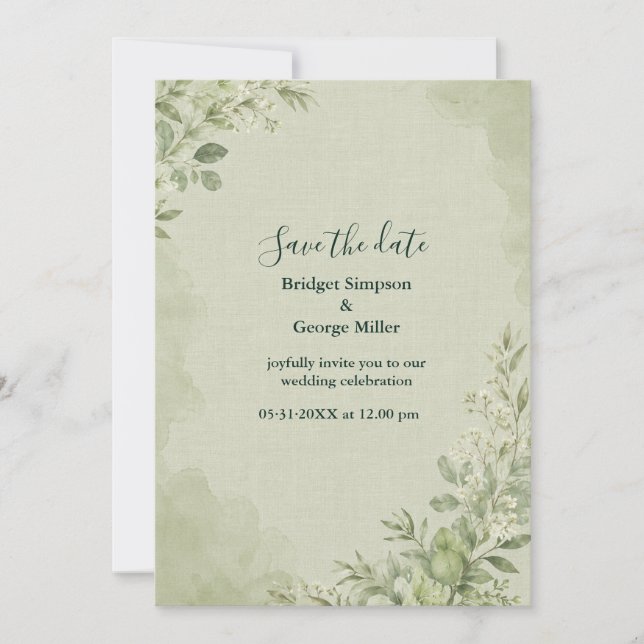 Invitación Botánico de boda de lino sabio rústico (Anverso)