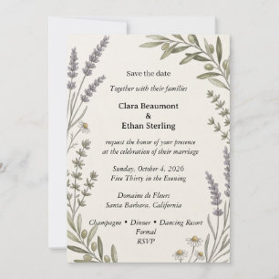 Invitación Botánico de lavanda y olivo para salvar la fecha