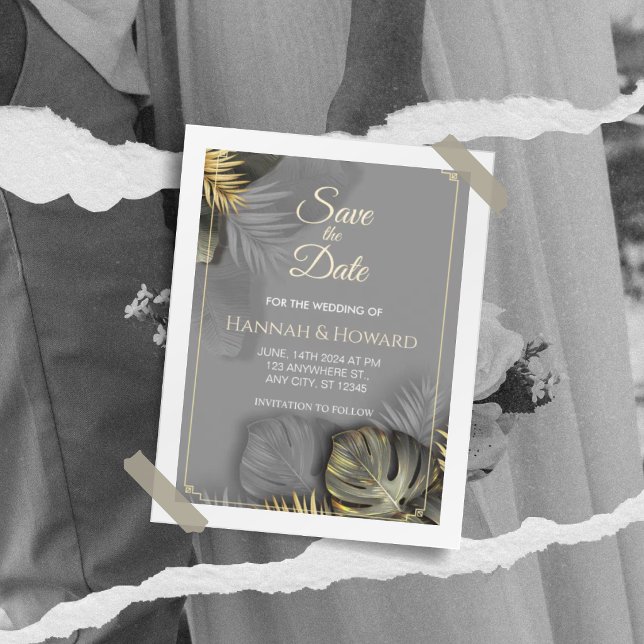 Invitación Botánico Elegante de Oro y Gris, Tropical (Subido por el creador)