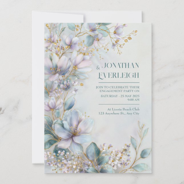 Invitación Botánico Etéreo de Filamento Dorado Periwinkle (Anverso)