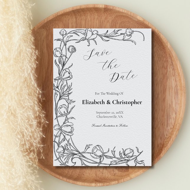 Invitación Botánico floral dibujado a mano para salvar la fec (Black Gray Hand Drawn Botanical Leaves Flowers Wedding Save the Date Invitation Card)