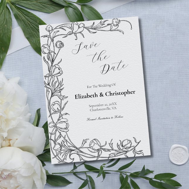 Invitación Botánico floral dibujado a mano para salvar la fec (Gray Black Hand Drawn Floral Botanical Wedding Save the Date Card)