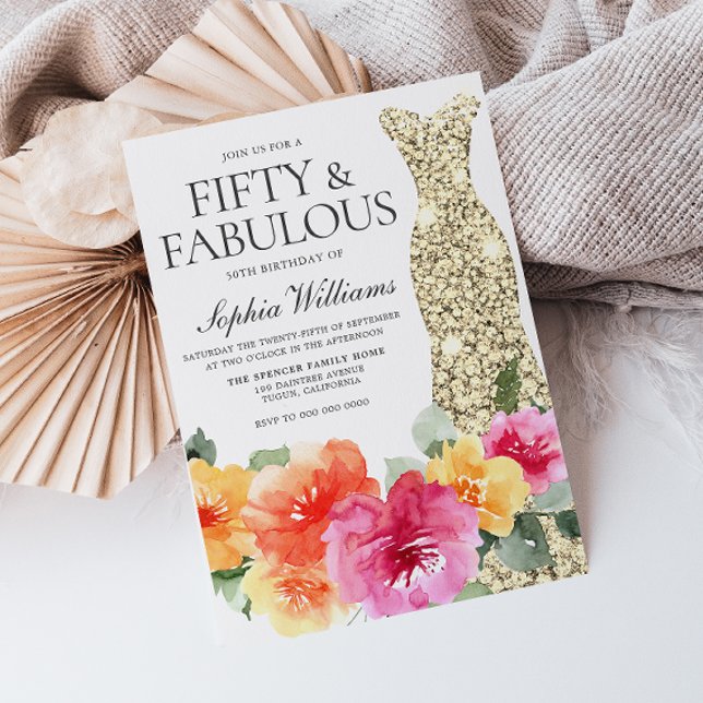 Invitación Botánico Floral Gold Vestido 50 cumpleaños (Subido por el creador)