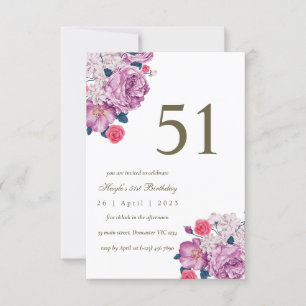 Invitación Botánico Floral Púrpura Simple Chic 51 Cumpleaños