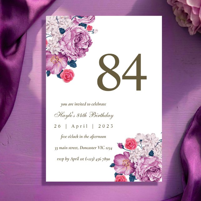 Invitación Botánico floral púrpura simple chic cumpleaños 84 (Subido por el creador)
