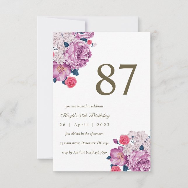 Invitación Botánico Floral Púrpura Simple Chic Cumpleaños 87 (Anverso)