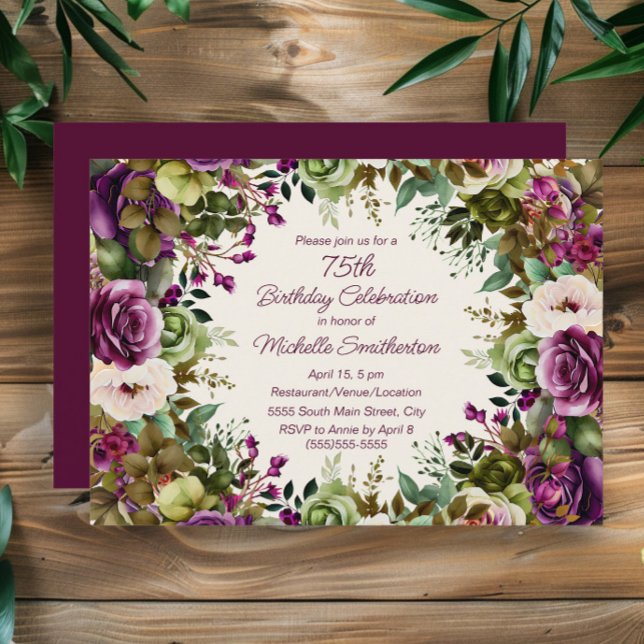Invitación Botánico floral rosa púrpura Cumpleaños 75 (Elegant purple watercolor floral 75th birthday party invitation)