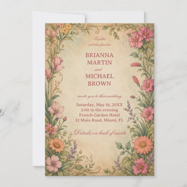 Invitación Botánico floral vintage (Anverso)