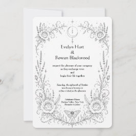 Invitación Botánico Gótico Negro y Blanco