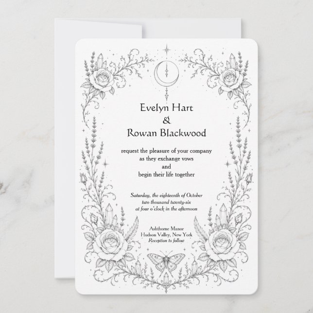 Invitación Botánico Gótico Negro y Blanco (Anverso)
