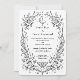 Invitación Botánico Gótico Negro y Blanco