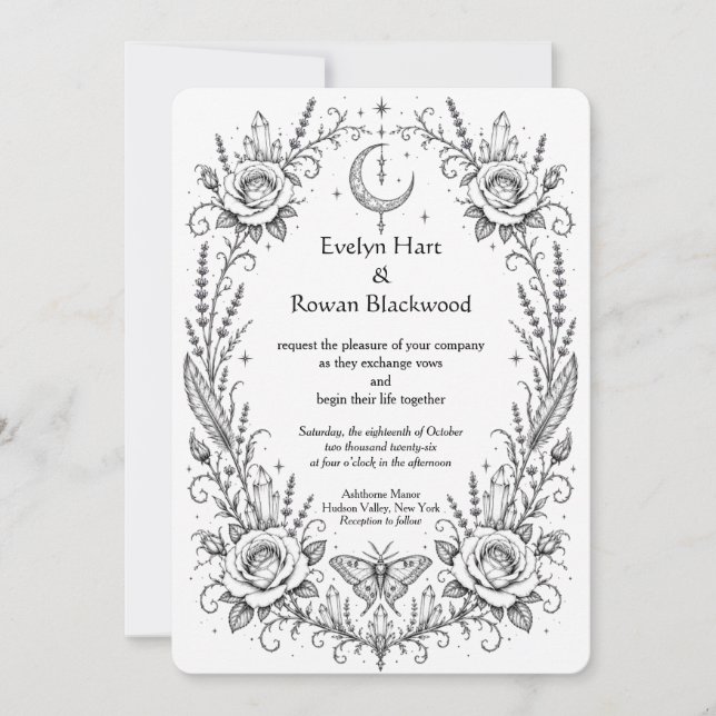 Invitación Botánico Gótico Negro y Blanco (Anverso)
