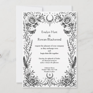 Invitación Botánico Gótico Negro y Blanco