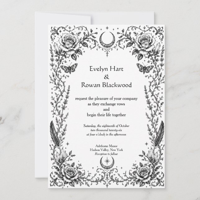 Invitación Botánico Gótico Negro y Blanco (Anverso)