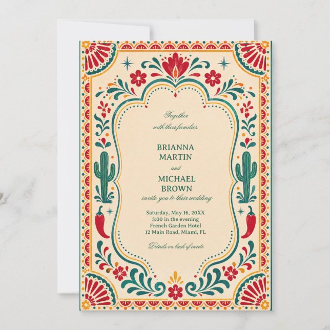 Invitación Botánico Mexicano Folk Colorido (Anverso)